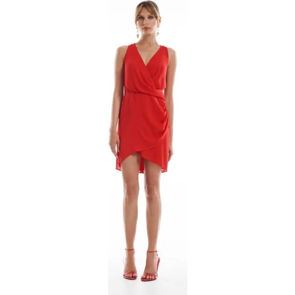 ☀️REVOLVE Krisa Ruby Red Draped Surplice Sleeveless Wrap Mini Dress Sz small NWT